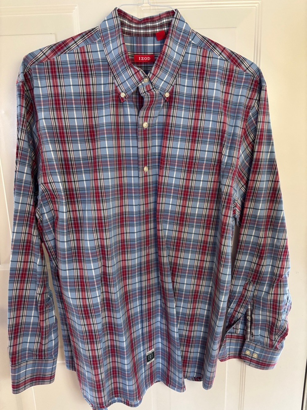 Izod Men’s Plaid Button-Down Shirt in Light Blue and Red